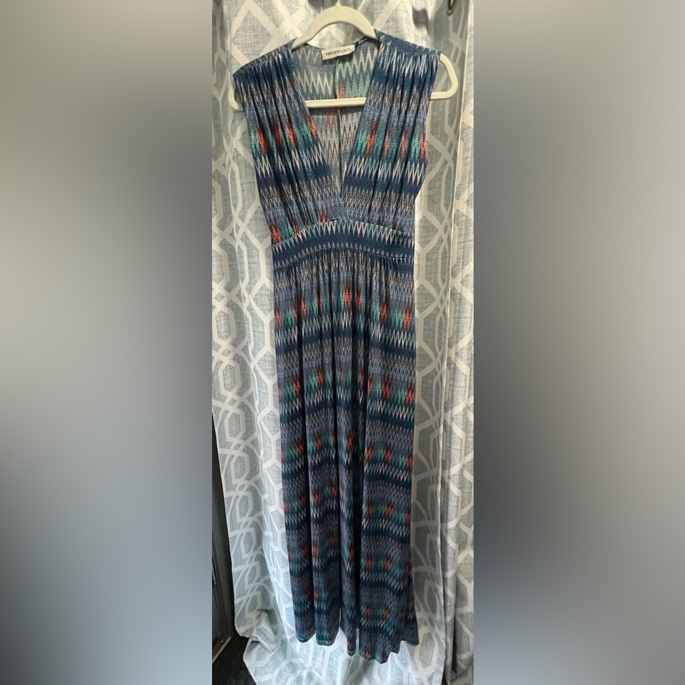 Veronica M Blue Multicolor V-Neck Sleeveless Maxi Dress